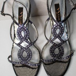 Nina New York Pewter Jeweled Leather Strappy Sandals